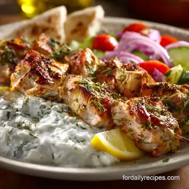 Greek Recipes: The Real Deal Chicken Souvlaki, Tzatziki Salad Recipe Card