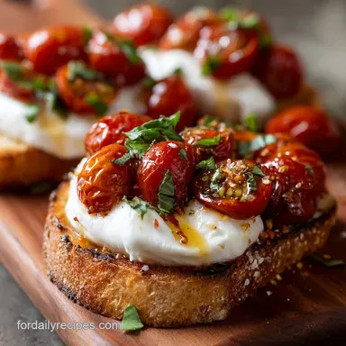 Cherry Tomato Recipes: Easy Burst Tomato Burrata Toast Appetizer. Recipe Card