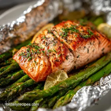 Baked Salmon Asparagus Foil Packs Recipe for 4 Recipe Card