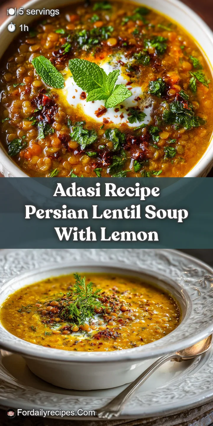 Close-up of rich, dark brown lentil soup with visible lentils and spices; a swirl of creamy white yogurt adds a luscious c...