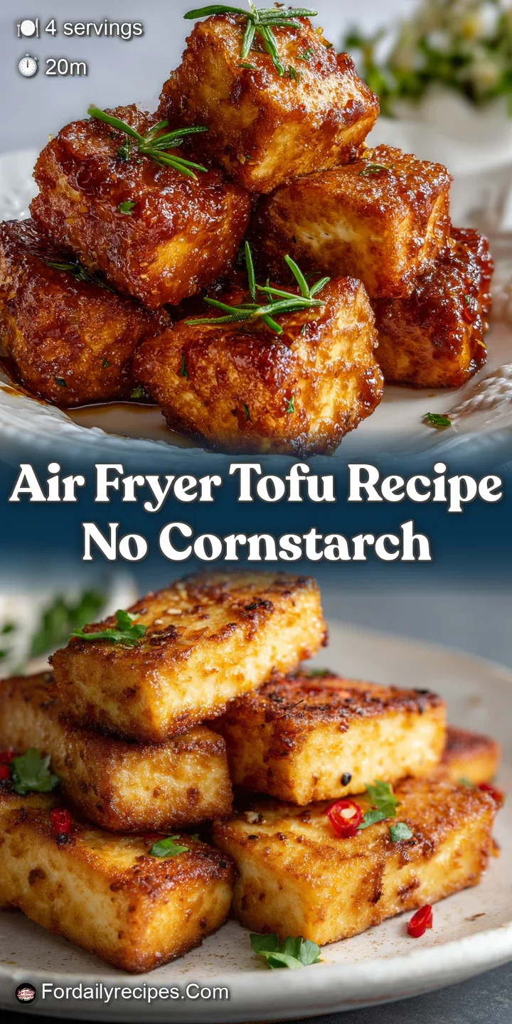 Close-up of perfectly air-fried tofu: golden-brown, crispy exterior. Steam subtly rises, hinting at a warm, flavorful inte...