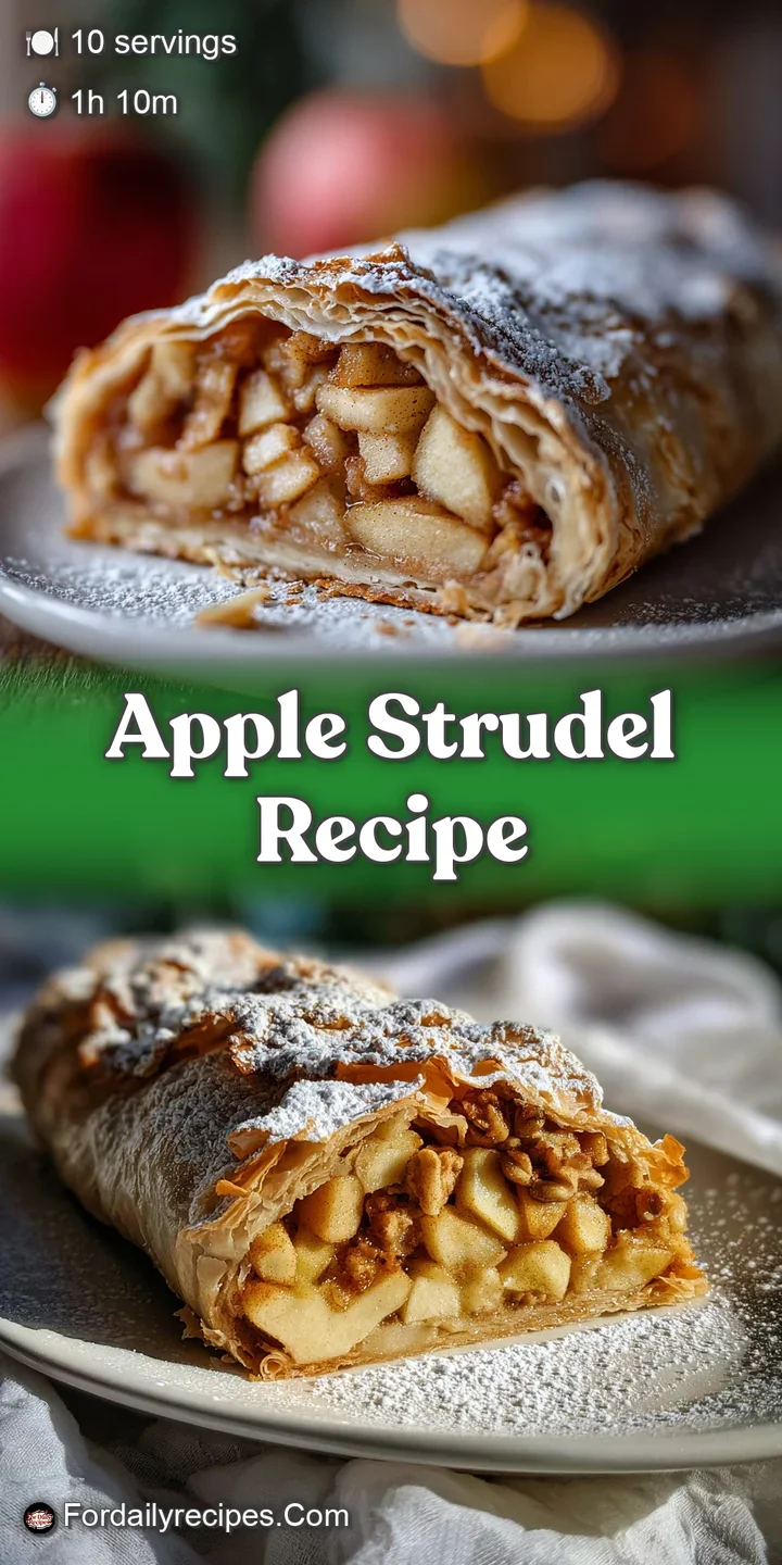 Close-up reveals the warm, spiced apple filling peeking through the delicate, crispy layers of a freshly baked apple strudel.