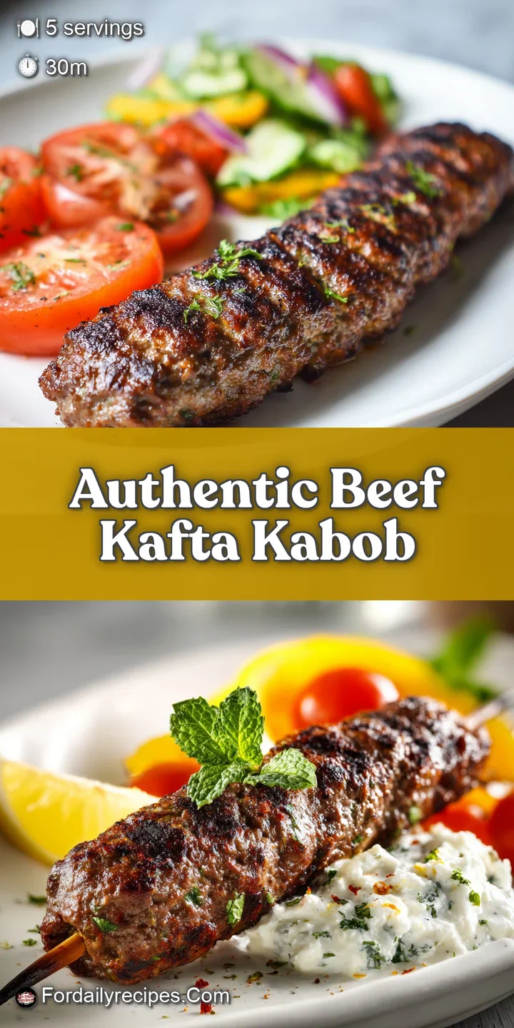 Close-up of a juicy, seasoned beef kafta kabob, glistening with oil and char marks, promising a flavorful, aromatic experi...