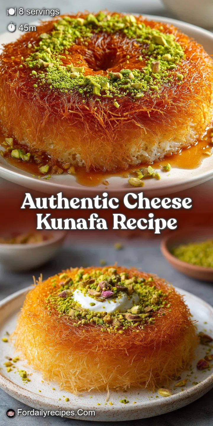Close-up shows the stretchy cheese and crispy, golden kunafa threads, saturated with sweet syrup. A tempting, authentic tr...