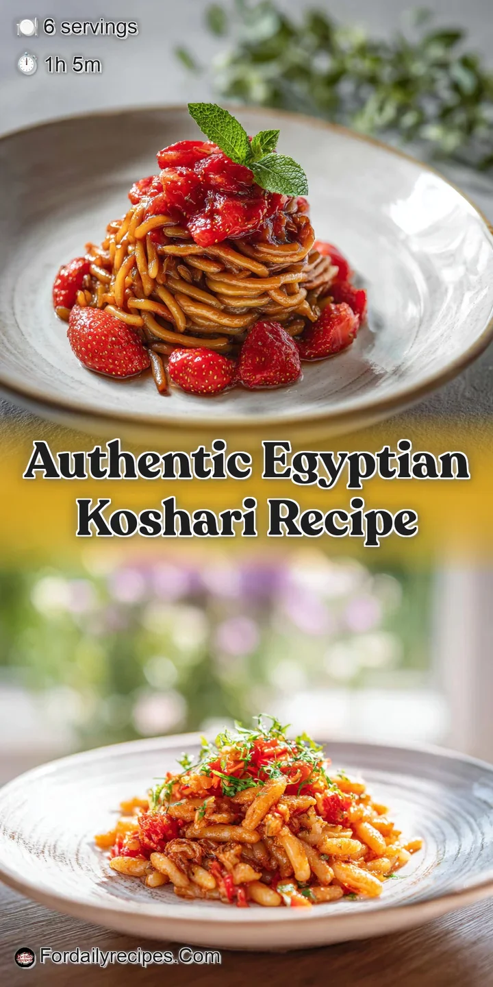 Close-up of koshari showing the textures of the rice, lentils, and pasta, and a swirl of spicy red tomato sauce, appealing...