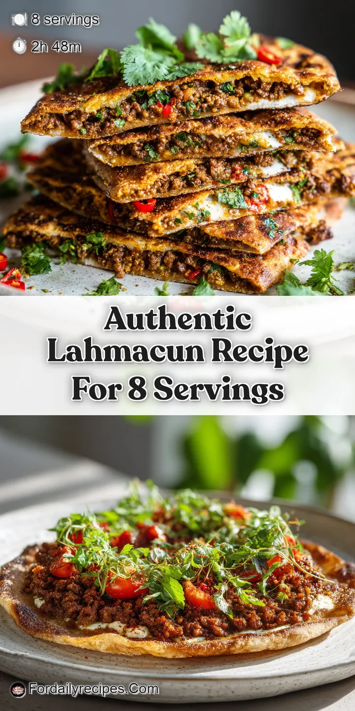 Close-up of a lahmacun: warm, spiced ground meat glistening on the crisp flatbread, hinting at fresh herbs and aromatic sp...
