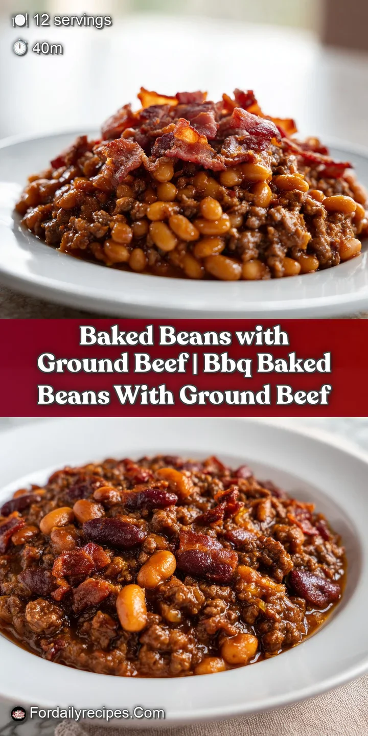 Close-up of plump, saucy beans mixed with browned beef and glistening bacon bits, steaming in a ceramic bowl.