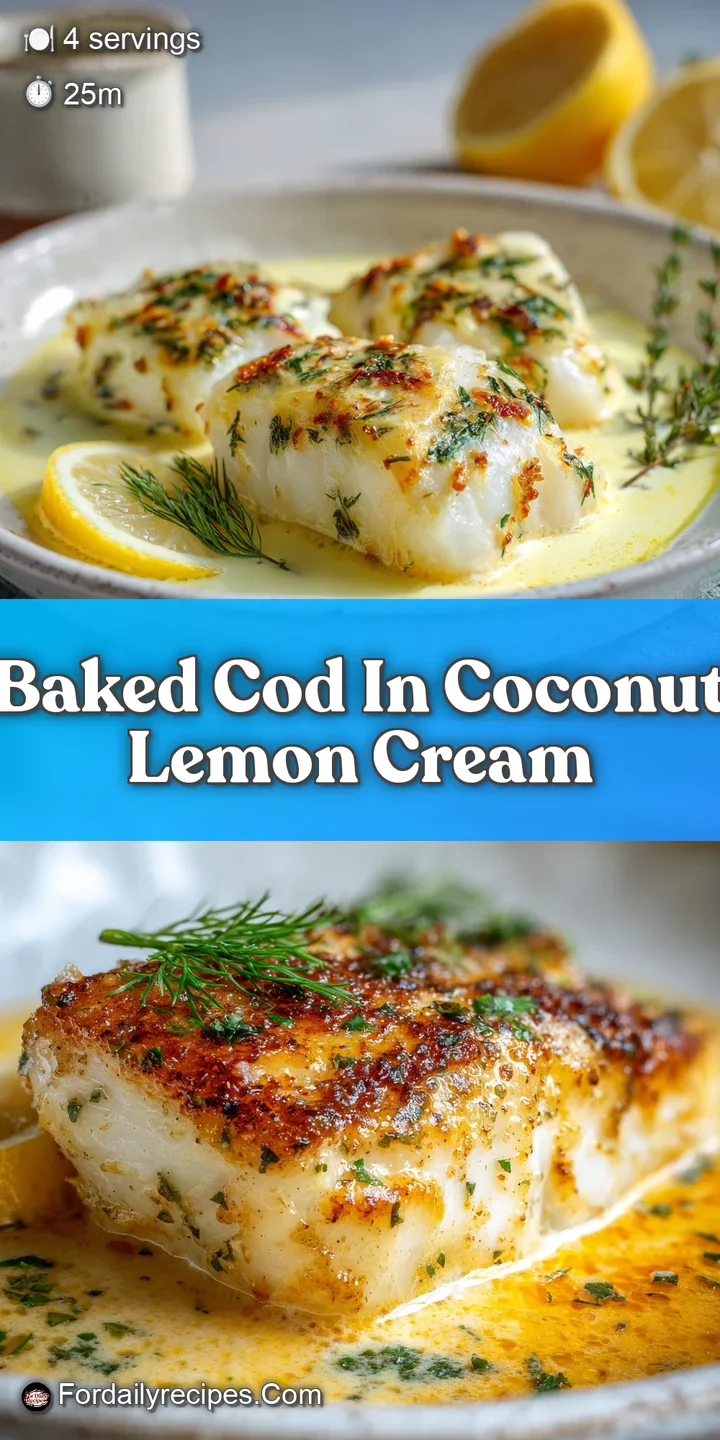 Close-up shows tender, flaky white cod swirled with rich coconut lemon sauce, enticing textures, and a sprinkle of fresh h...