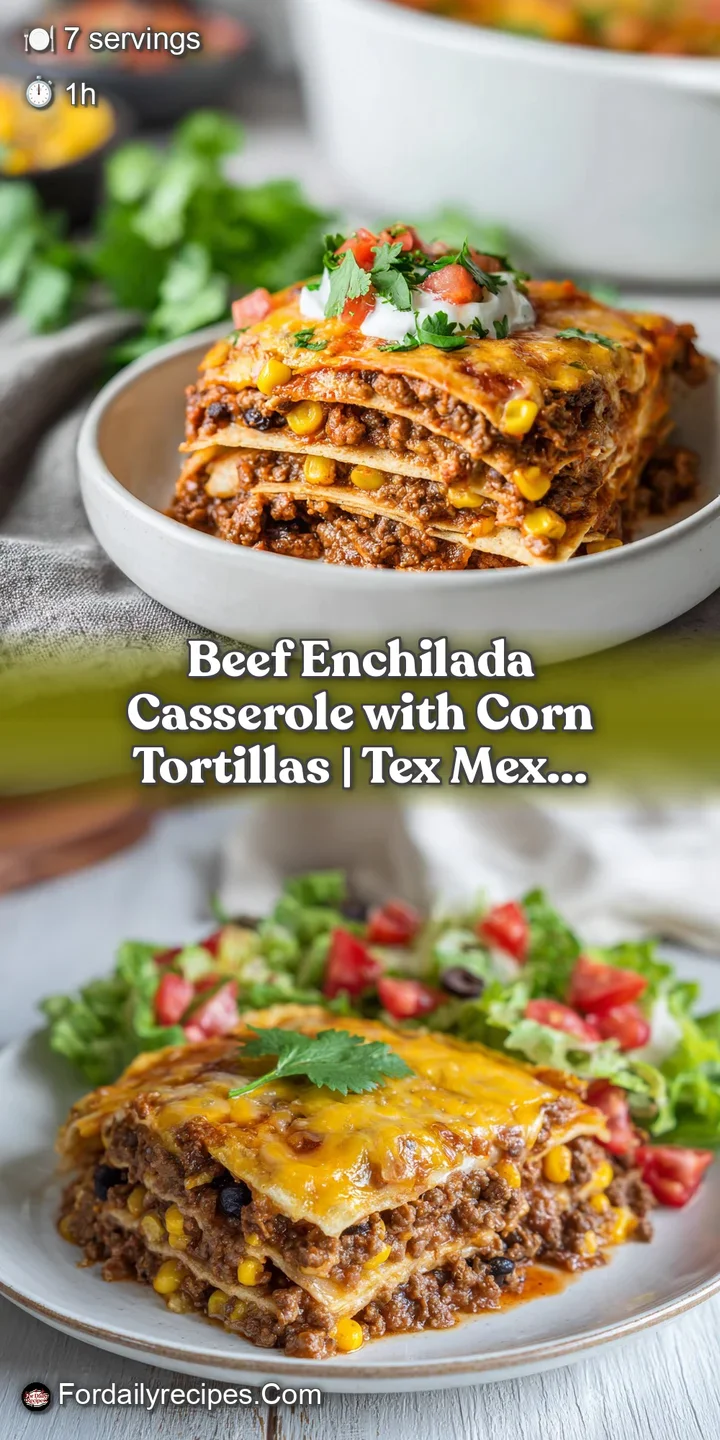 Close-up of tender shredded beef and corn tortillas layered with vibrant red enchilada sauce and cheese.