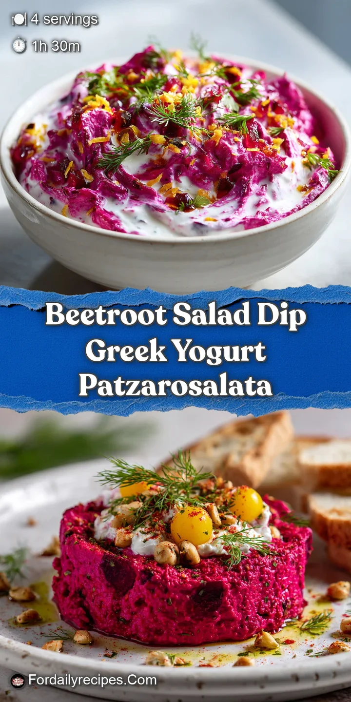 Close-up of bright magenta beetroot dip with creamy white yogurt, flecks of green herbs, and glistening drops of olive oil.