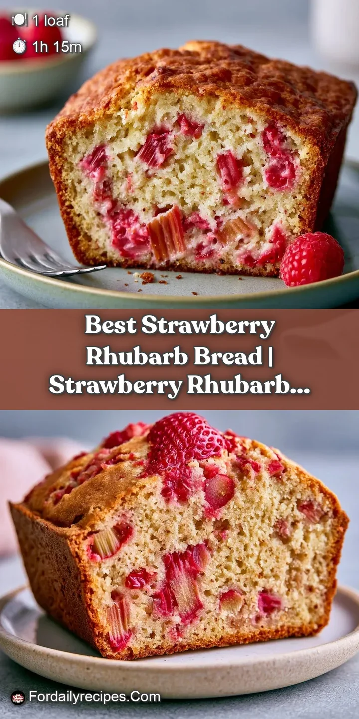Extreme close-up of a moist crumb featuring juicy pockets of melted ruby-red strawberries and tart rhubarb pieces.