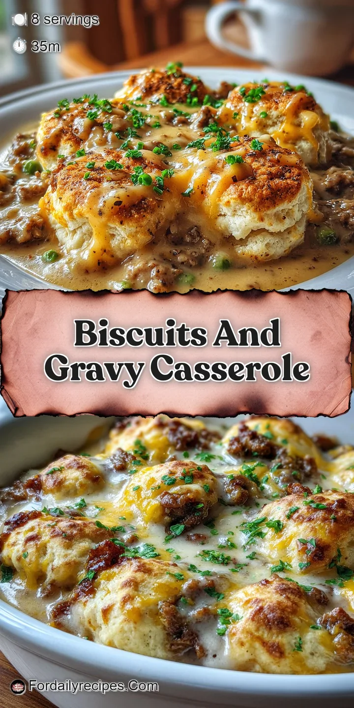 Close-up of bubbly, golden biscuit and gravy casserole. Visible pepper flecks add a rustic, home-style appeal. Inviting wa...