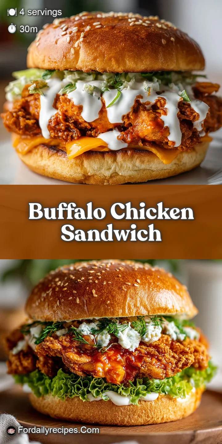 Close-up of a buffalo chicken sandwich; crispy, golden breading and melted cheese; juicy chicken; and the spicy buffalo sa...