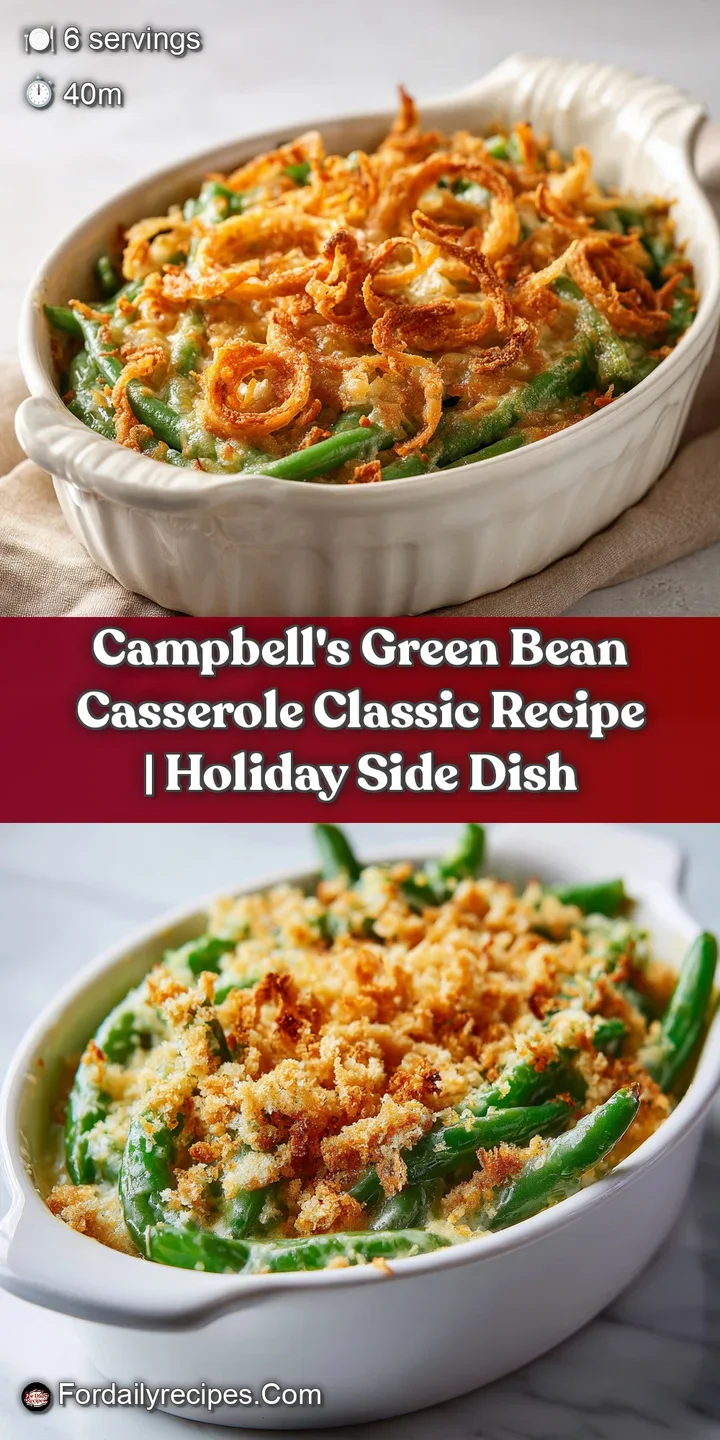 Close-up of bubbling green beans in a creamy sauce, crowned with crunchy fried onions.