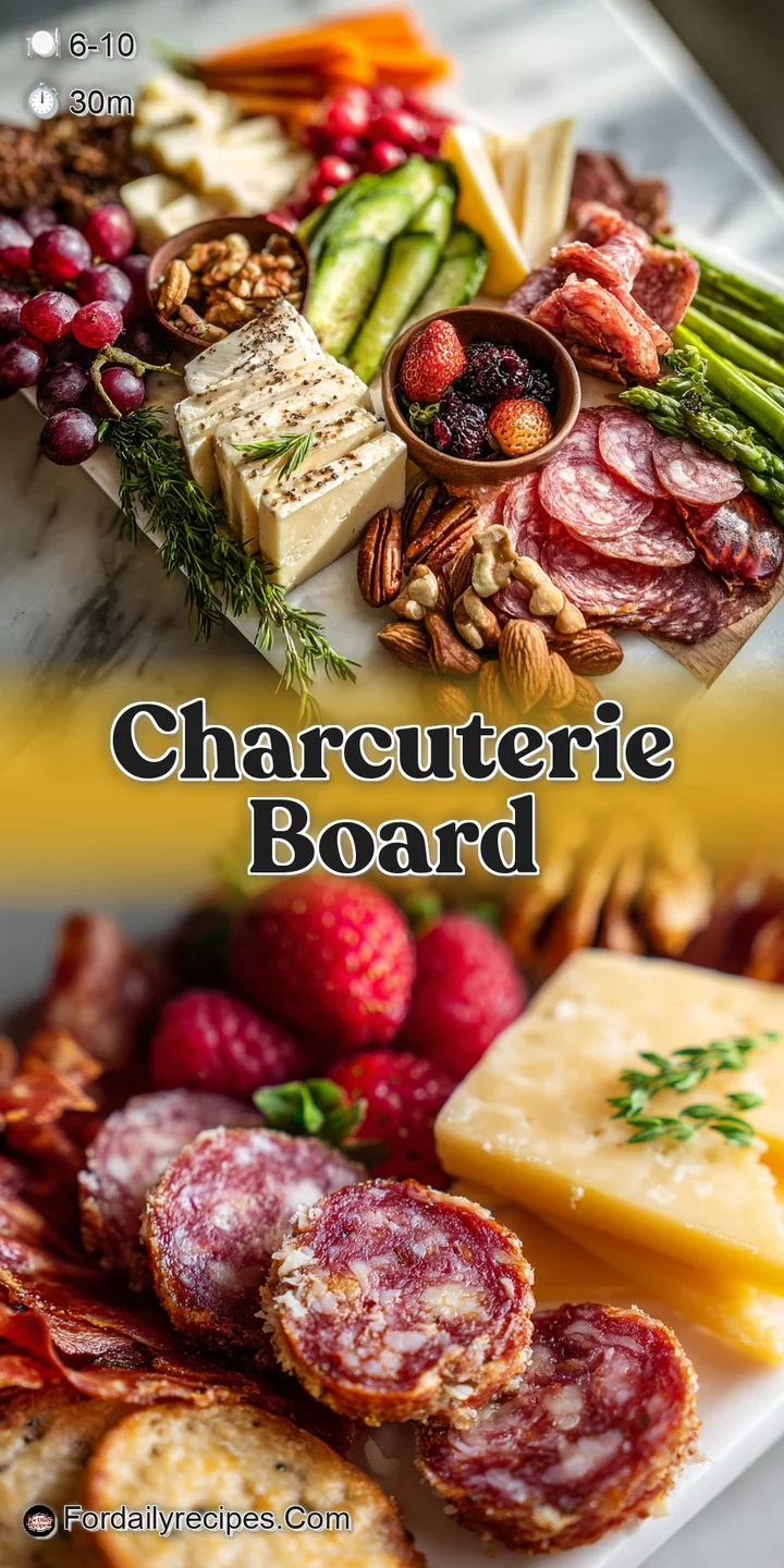 Close-up showcases the rich textures of salami, creamy brie, and juicy grapes on a delicious charcuterie board; ready to e...