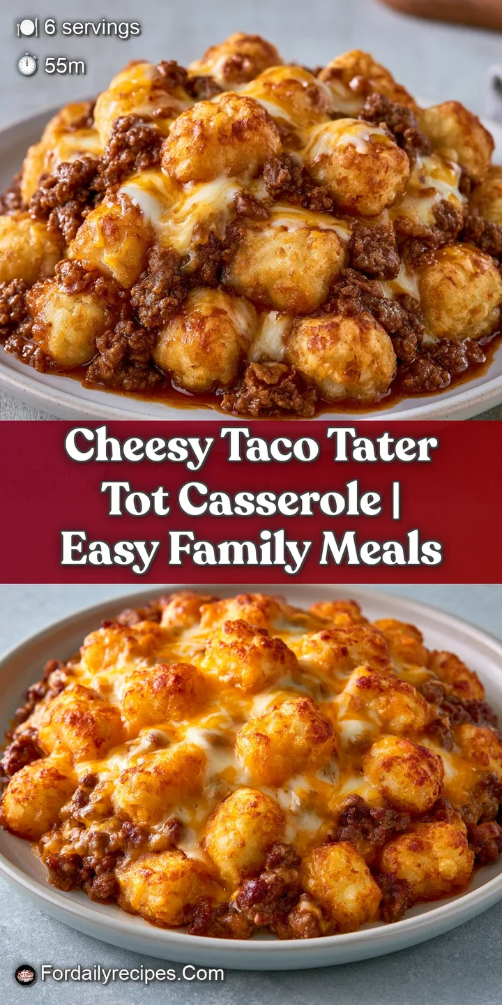 Close-up of crispy, golden tater tots bubbling with melted cheese and seasoned beef in a rustic baking dish.