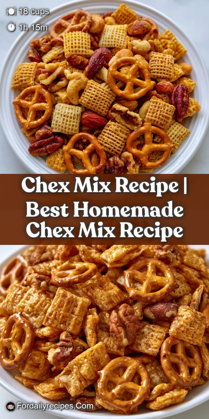 Extreme close-up of savory toasted cereal squares and pretzels glistening with a warm, buttery spice coating.
