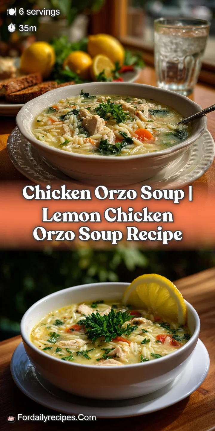 Close-up of steaming chicken orzo soup, highlighting the tender chicken, plump orzo pasta, and glistening droplets on fres...