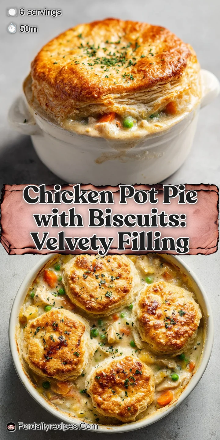 Close-up showcases golden-brown, flaky biscuit with steam rising from the savory, creamy chicken filling below.