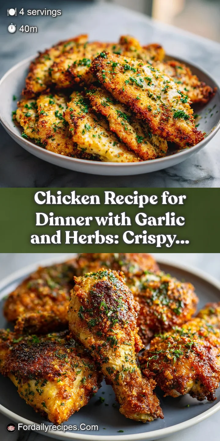 Close-up capturing the crispy skin of garlic herb chicken, highlighting the glistening pan sauce and fresh herbs scattered...