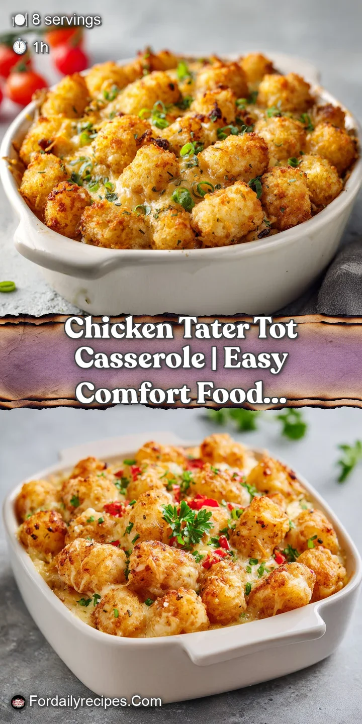 Close-up of crispy golden tater tots with a creamy, savory chicken filling underneath, ready to eat.