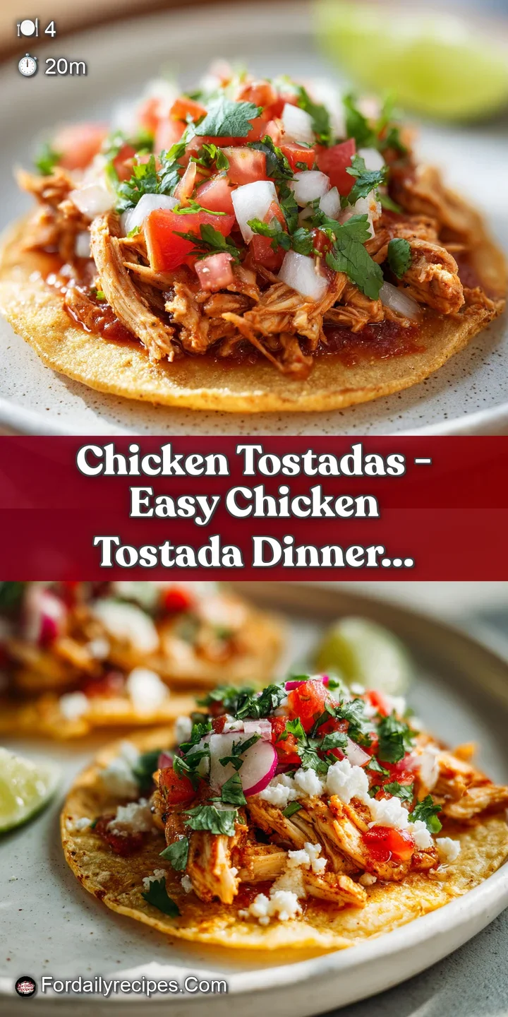 Close-up of a crunchy tostada layered with seasoned shredded chicken, diced red onion, and a bright green lime wedge.