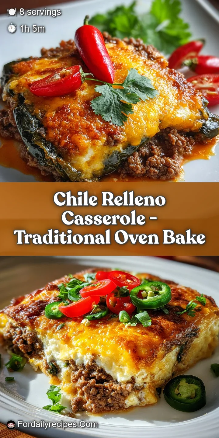 Close-up of bubbling, cheesy chile relleno casserole. Visible green chiles and a creamy texture entice the viewer.