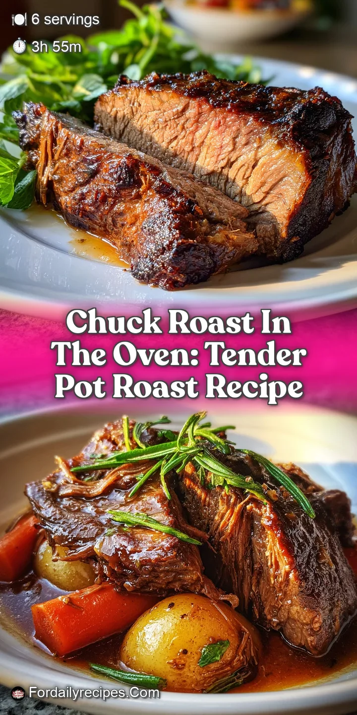 Close-up of fork-tender chuck roast, the rich, dark gravy glistening on its surface, inviting and delicious.