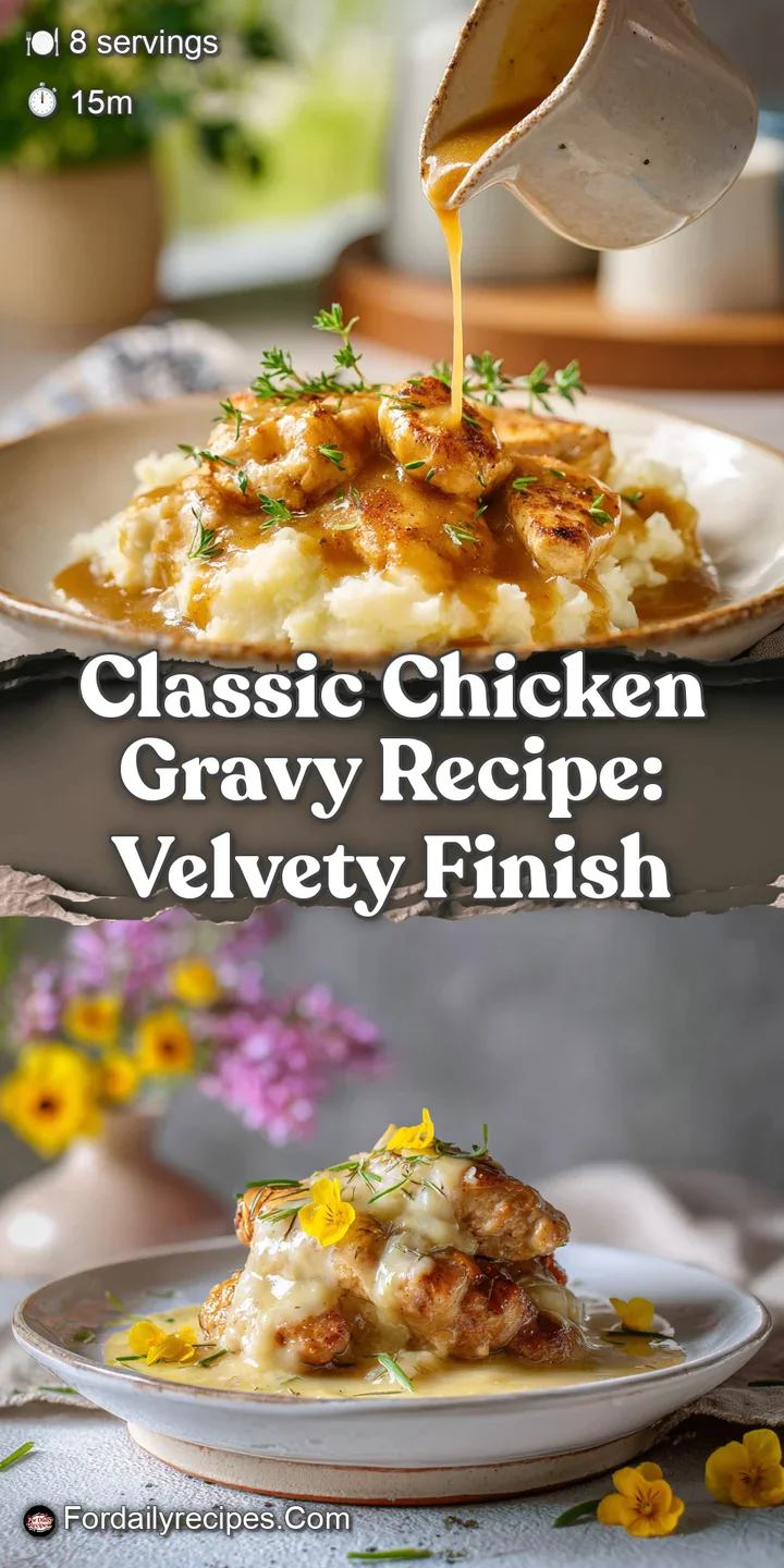 Close-up of glistening, rich chicken gravy; visible steam suggests comforting warmth and savory flavor, bits of herbs high...
