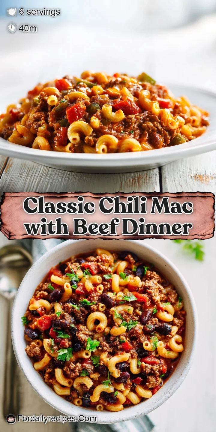 Close-up of chili mac, showcasing tender beef, plump macaroni, and a rich, cheesy sauce. Garnished with fresh herbs.