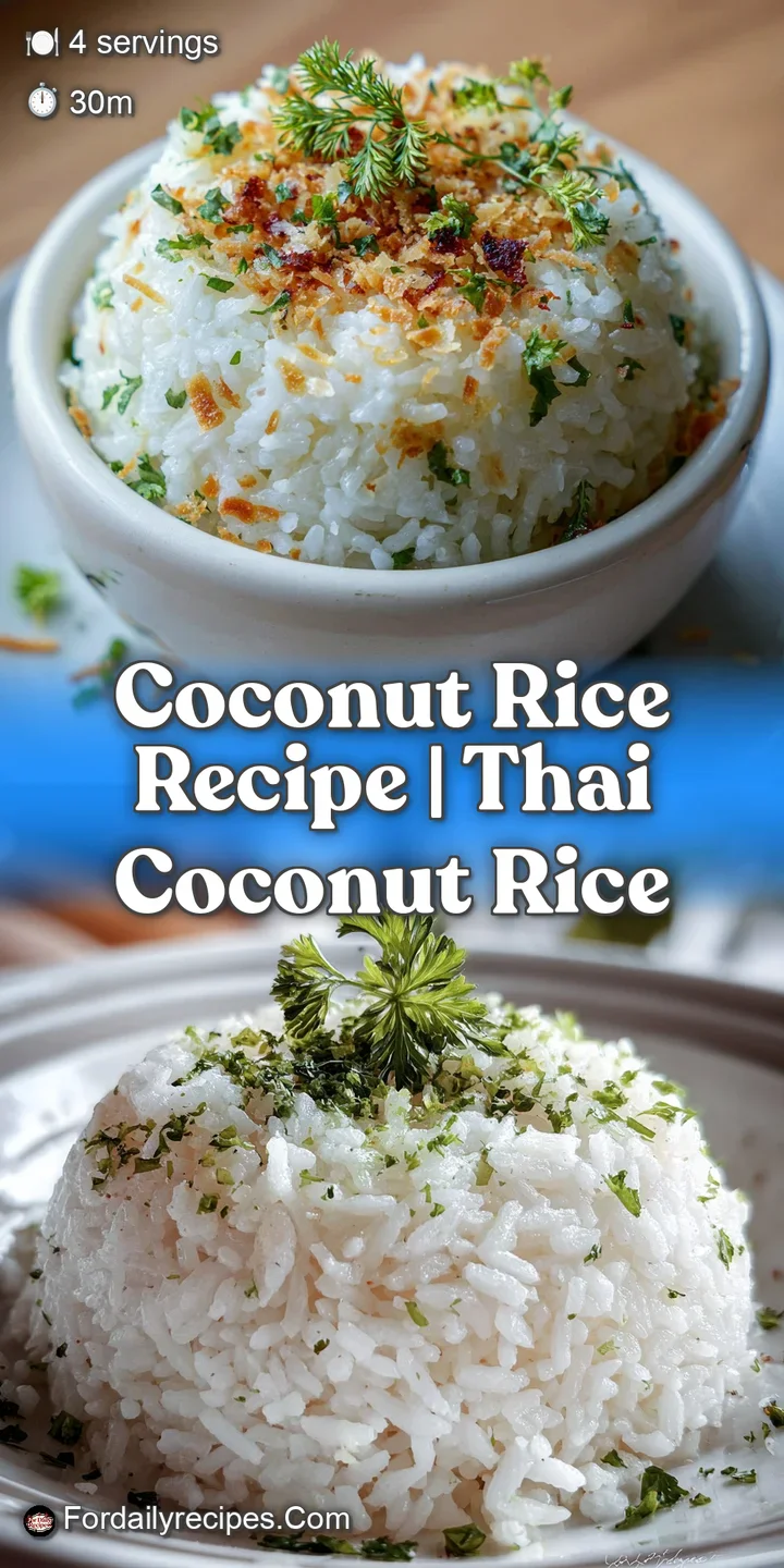 Close-up view of glossy coconut rice, steam rising to show warmth and fluffy texture. Hints of sweet coconut visible.