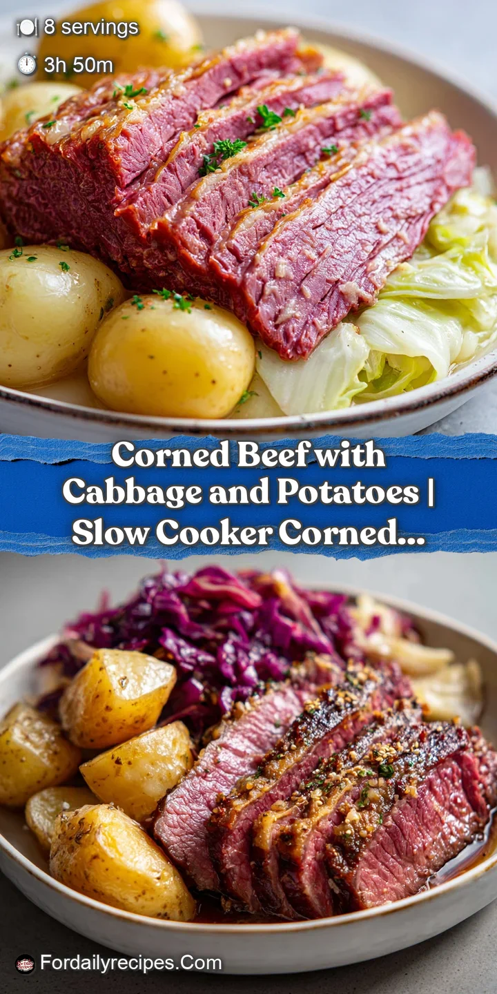 Close-up reveals the marbled texture of the corned beef, the slightly translucent cabbage, and the steam rising from the c...