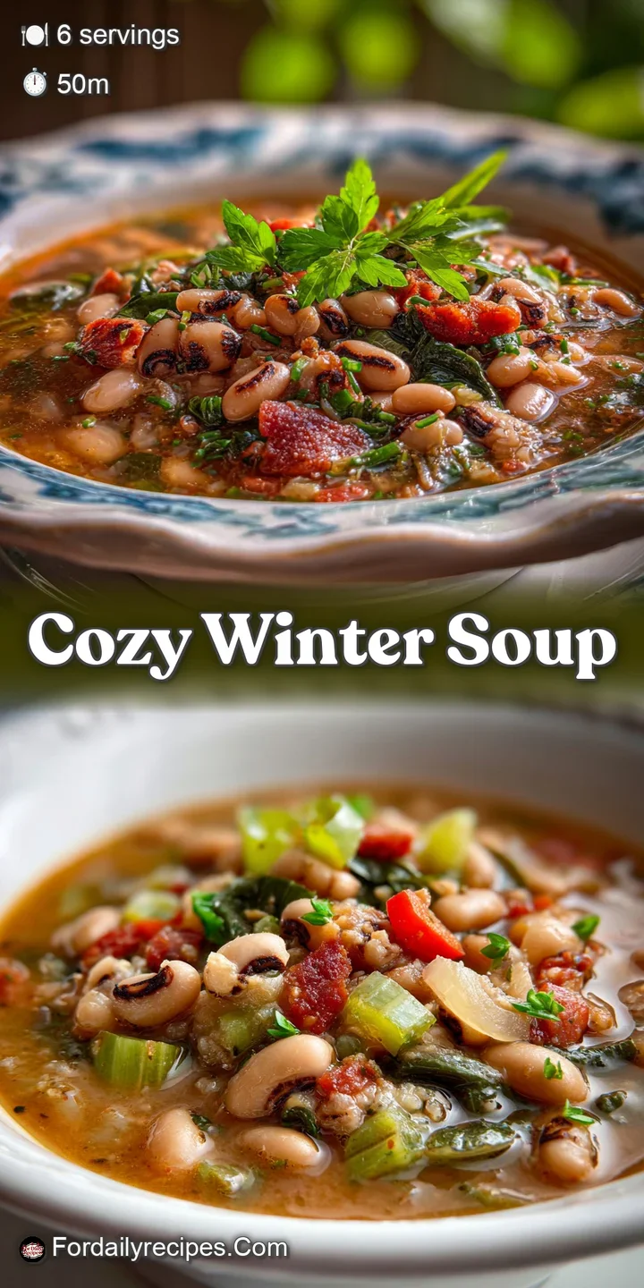 A close-up view of Hoppin John stew, showcasing the tender black-eyed peas and colorful flecks of vegetables in the broth.