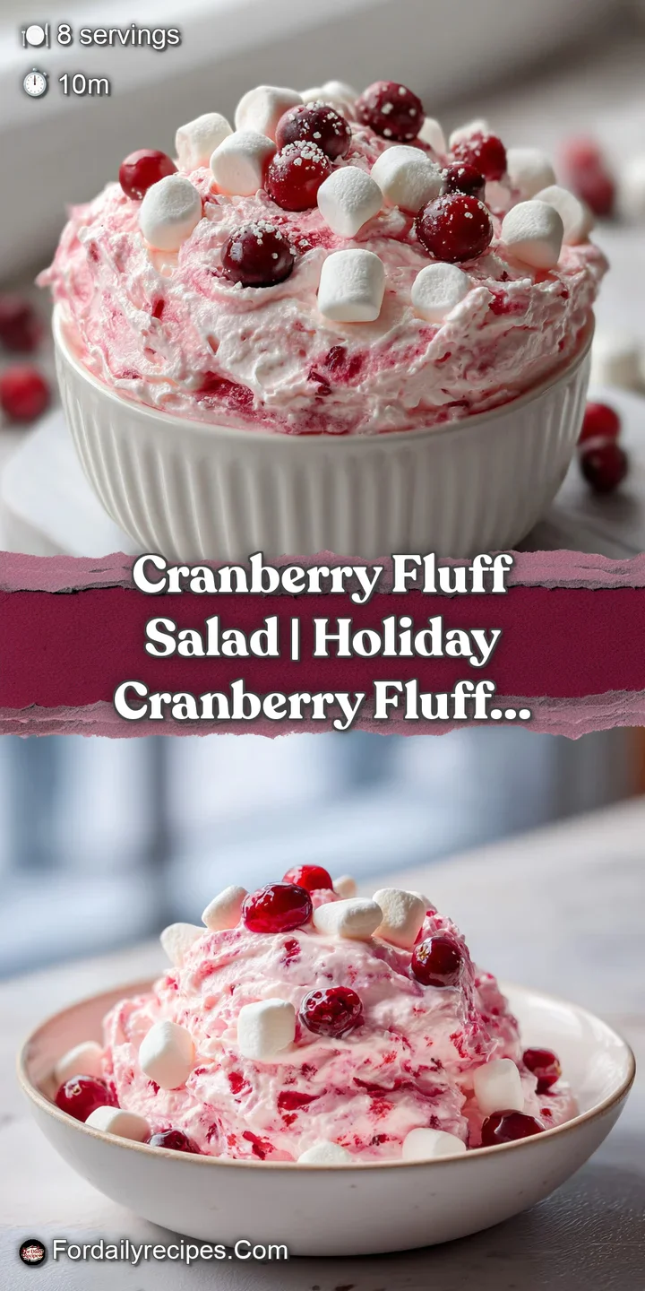 Close-up of a fluffy, whipped pink cream texture folded with juicy red cranberries and tiny white marshmallows.
