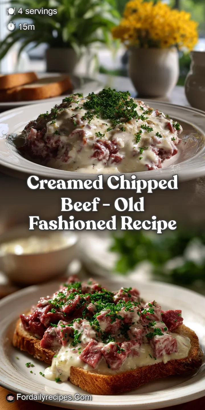 Close-up of tender chipped beef in a rich, creamy sauce, highlighting the appealing textures and comforting warmth of the ...