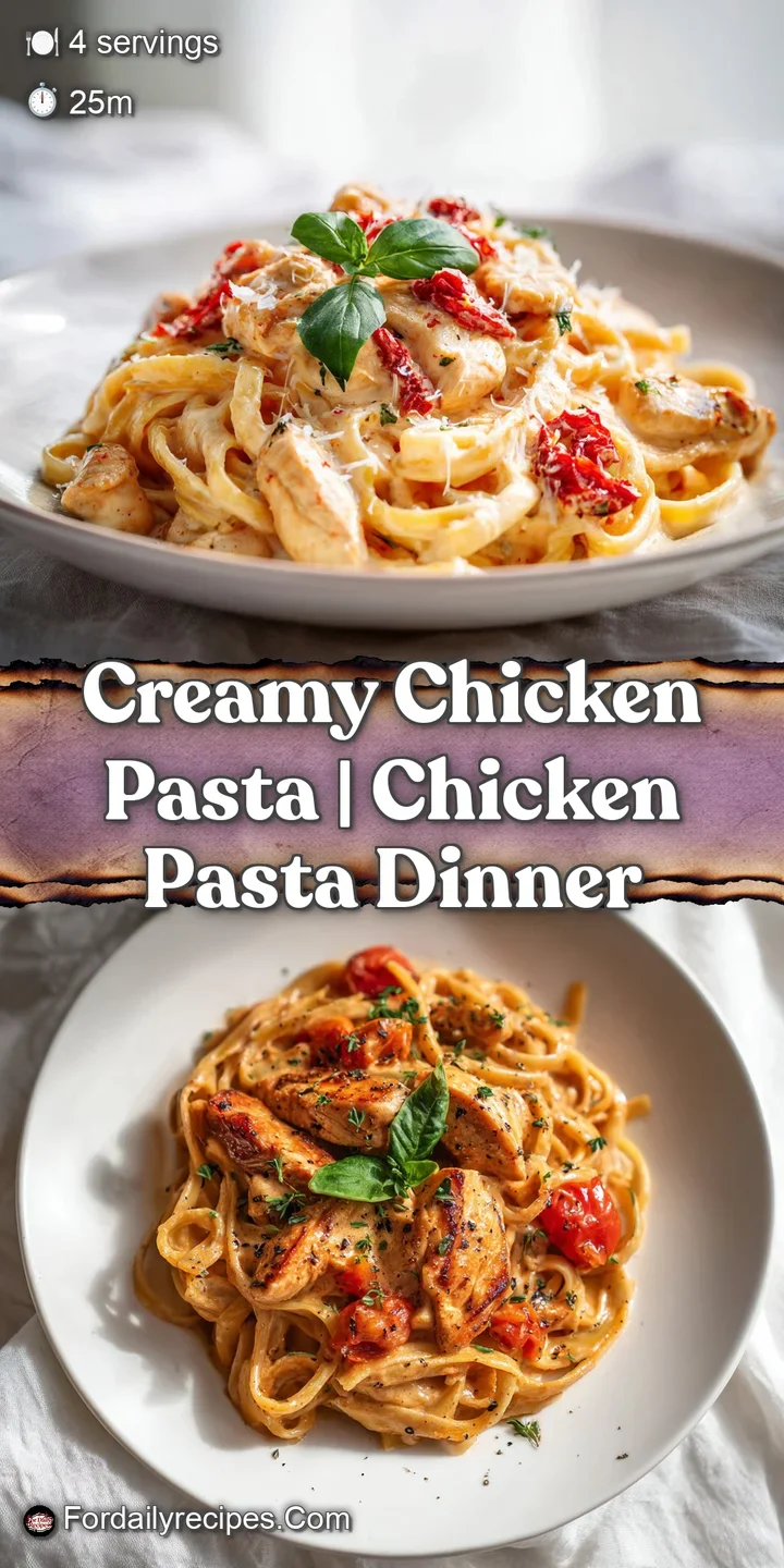 Close-up of creamy chicken pasta showing the glistening sauce coating the pasta and chicken. Sprinkled with herbs for a vi...