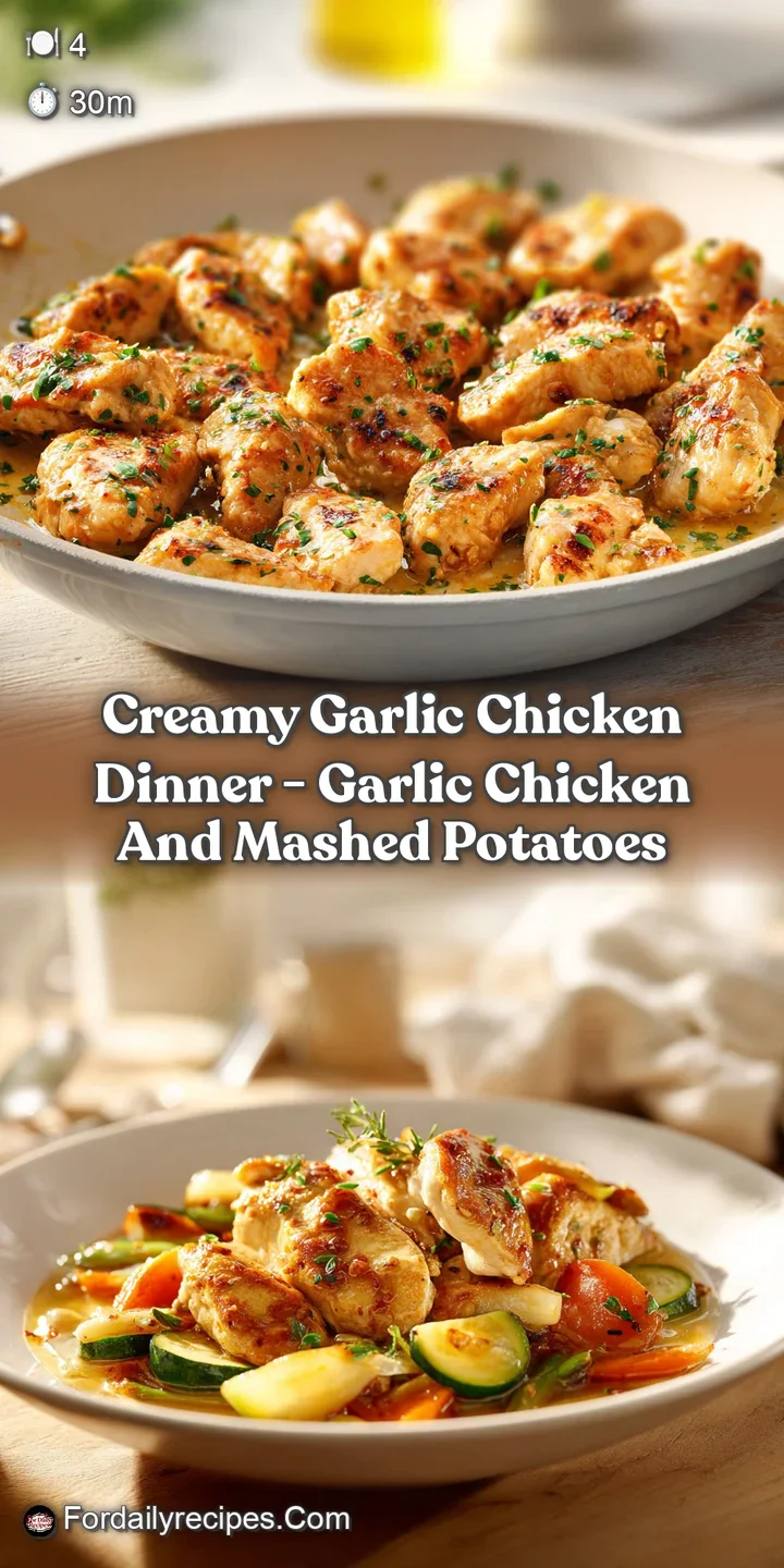 Close-up of creamy garlic chicken showing tender chicken pieces with browned edges in a thick, flavorful sauce. Garlic clo...