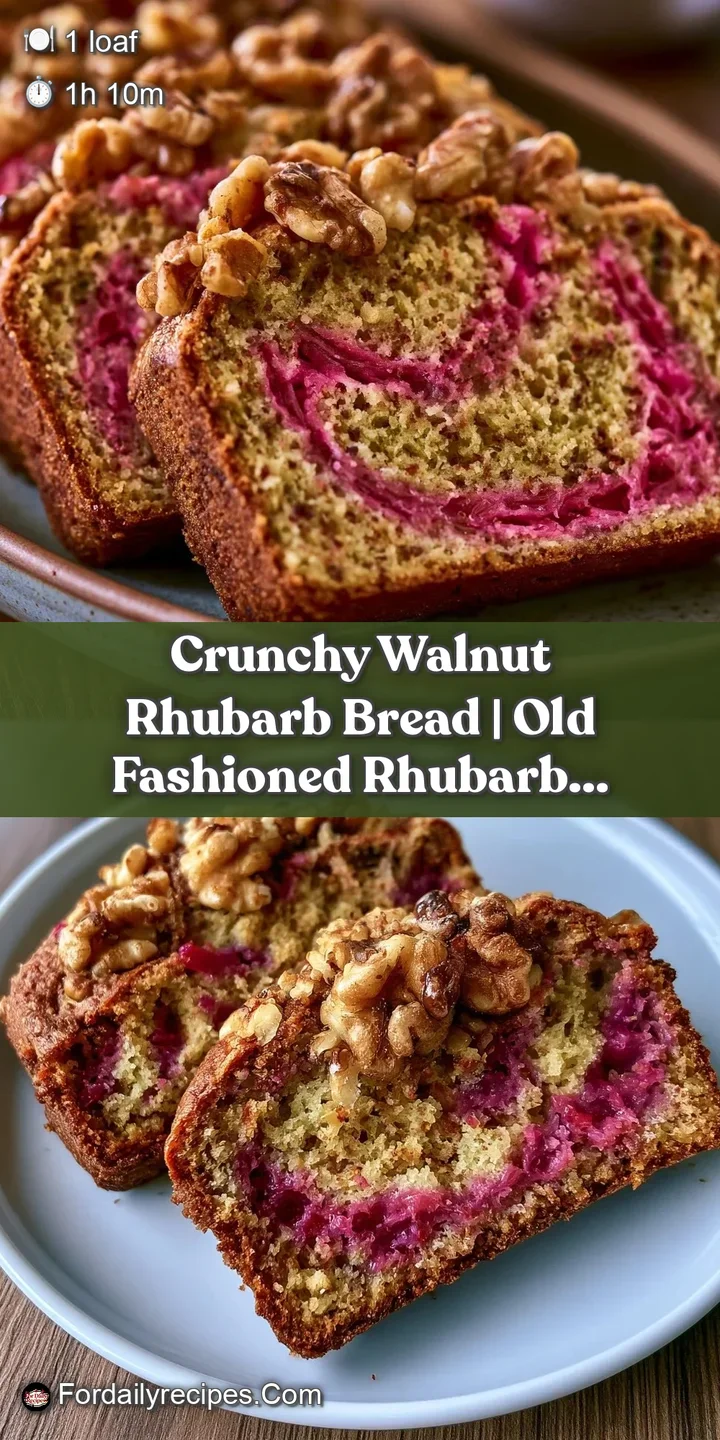 Close-up of a moist crumb featuring toasted walnut chunks and vivid streaks of tart, bright red rhubarb.