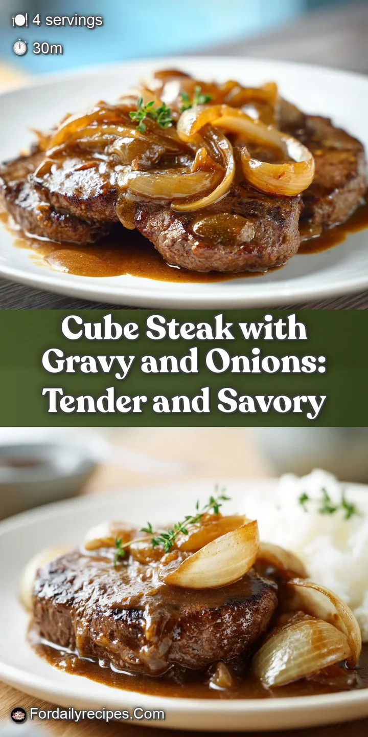 Close-up showcasing the melt-in-your-mouth texture of cube steak bathed in savory gravy, studded with sweet, translucent c...