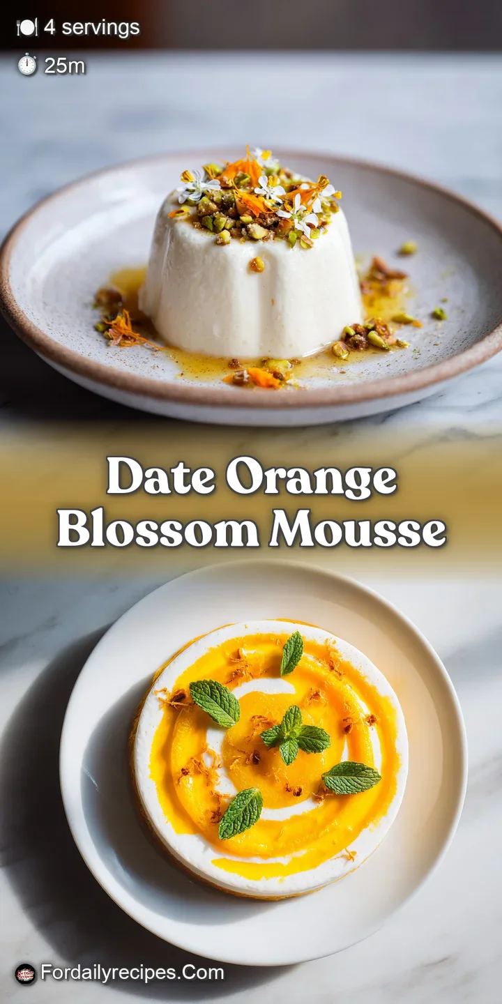 Close-up of creamy, light orange mousse with a glistening surface, highlighting textures of candied orange and chopped dat...