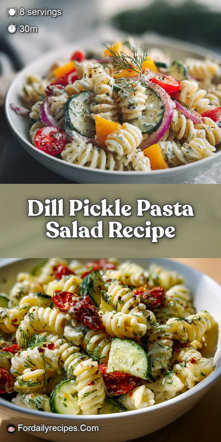 Close-up showcases the creamy texture of dill pickle pasta salad, highlighting the tangy pickles, herbs, and al dente past...