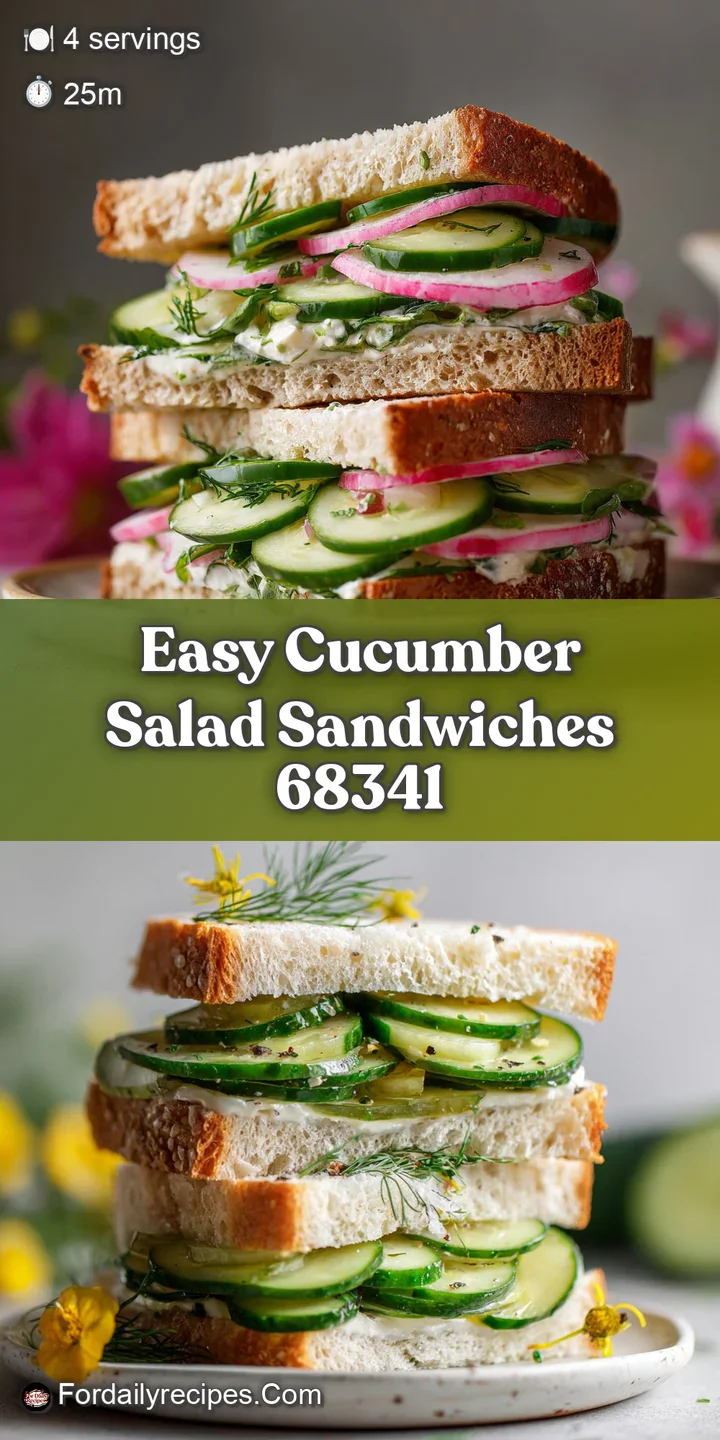 Close-up reveals creamy filling studded with dill & thin cucumber slices peeking out from soft, white bread; a fresh, ligh...