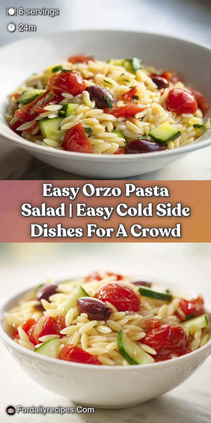 Close-up of glistening orzo pasta with diced red onions, juicy cherry tomatoes, and creamy white feta crumbles.