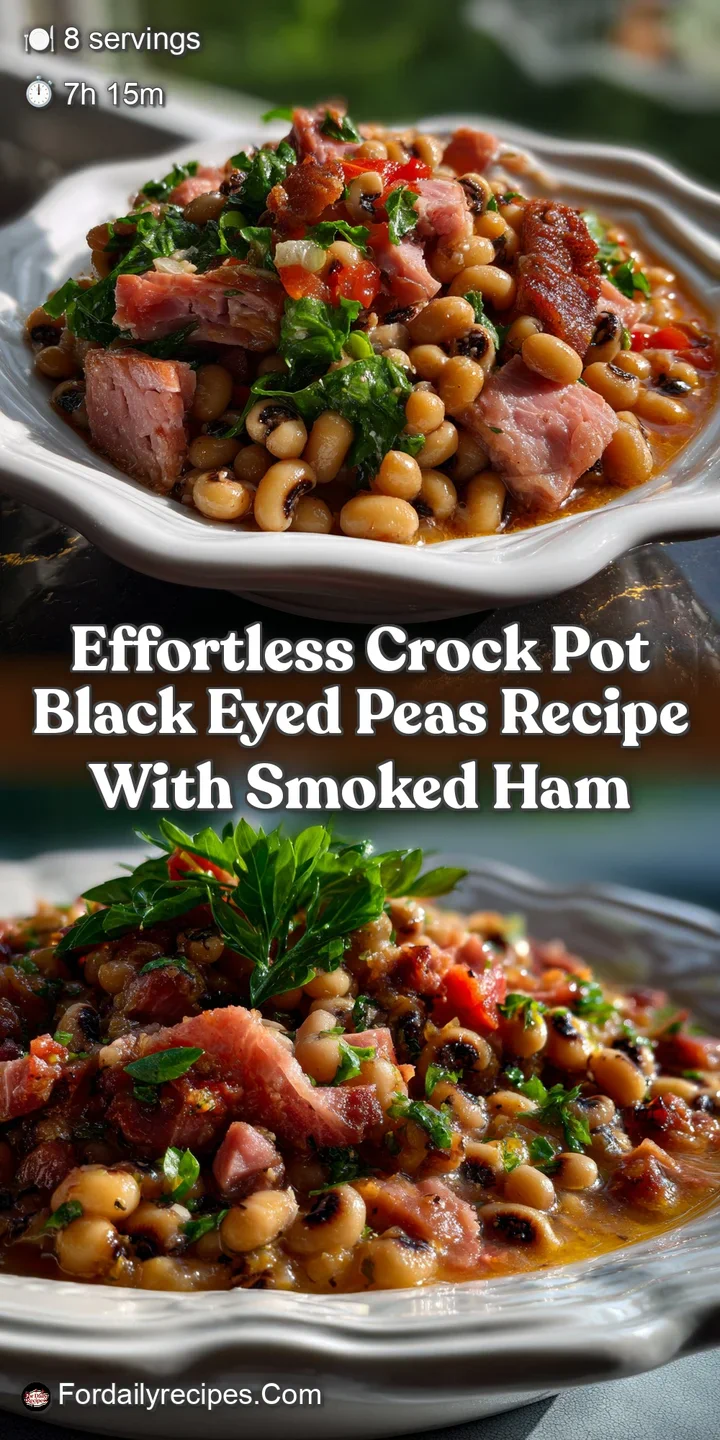 Close-up of tender black-eyed peas, juicy ham, and shimmering broth. A vibrant mix of earthy green, deep brown, and rosy p...