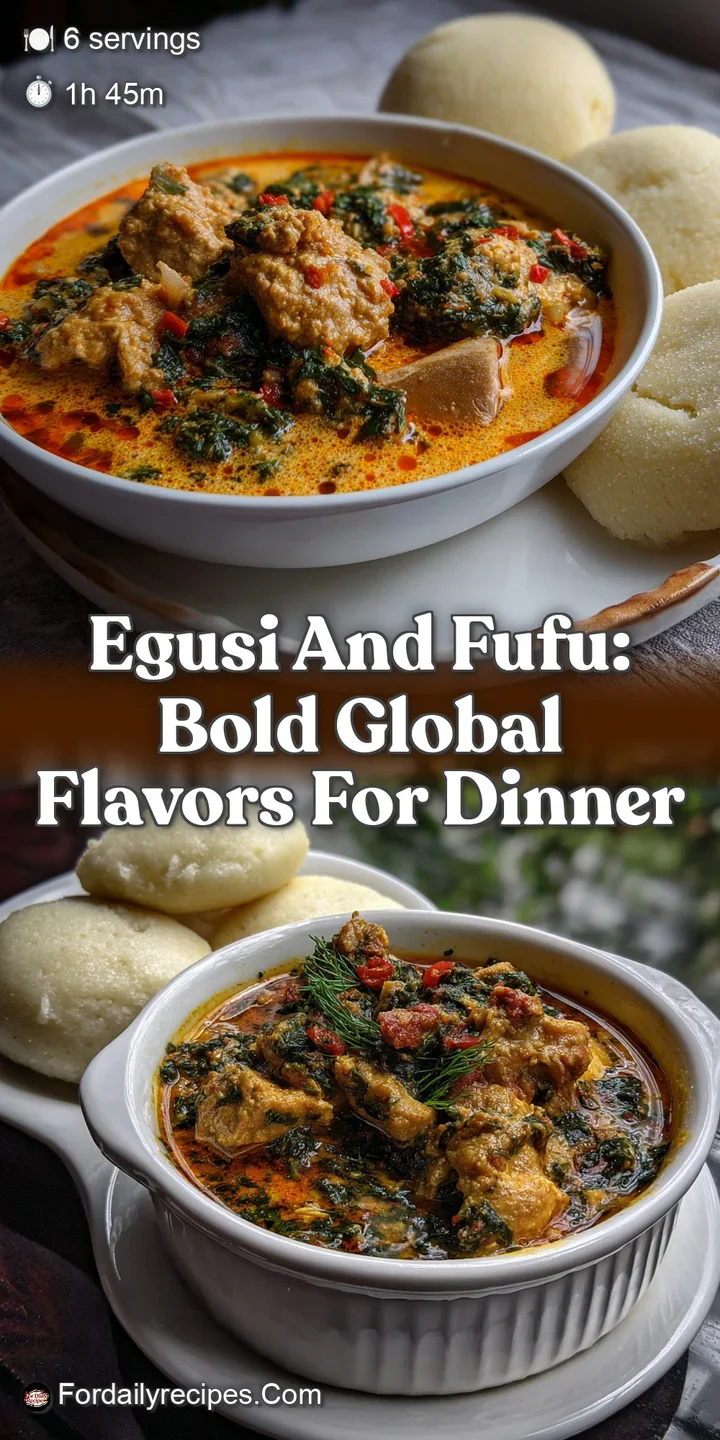 Aromatic steam rising from a close-up of the rich, textured egusi stew, contrasting with the smooth, pale fufu.