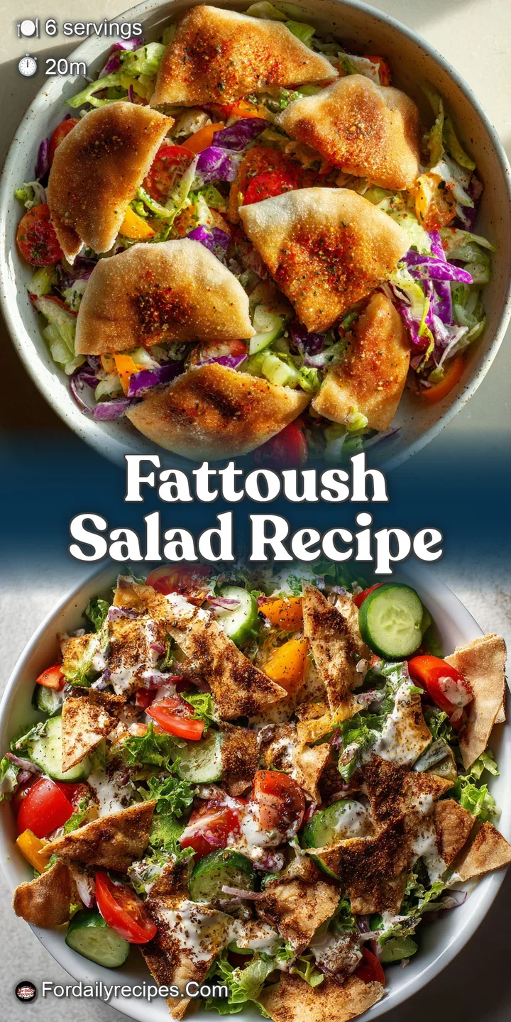 Close-up of a refreshing fattoush salad. Textures of crunchy pita, juicy tomatoes, and bursts of tart pomegranate elevate ...