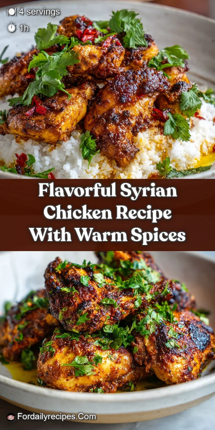 Close-up of succulent Syrian chicken, its spiced skin glistening, promising warmth and complex flavors with each bite.