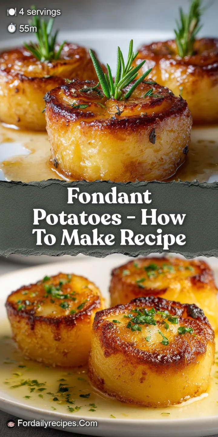 Close-up captures the browned, buttery surface of a fondant potato, revealing a soft, pillowy interior, dusted with fresh ...