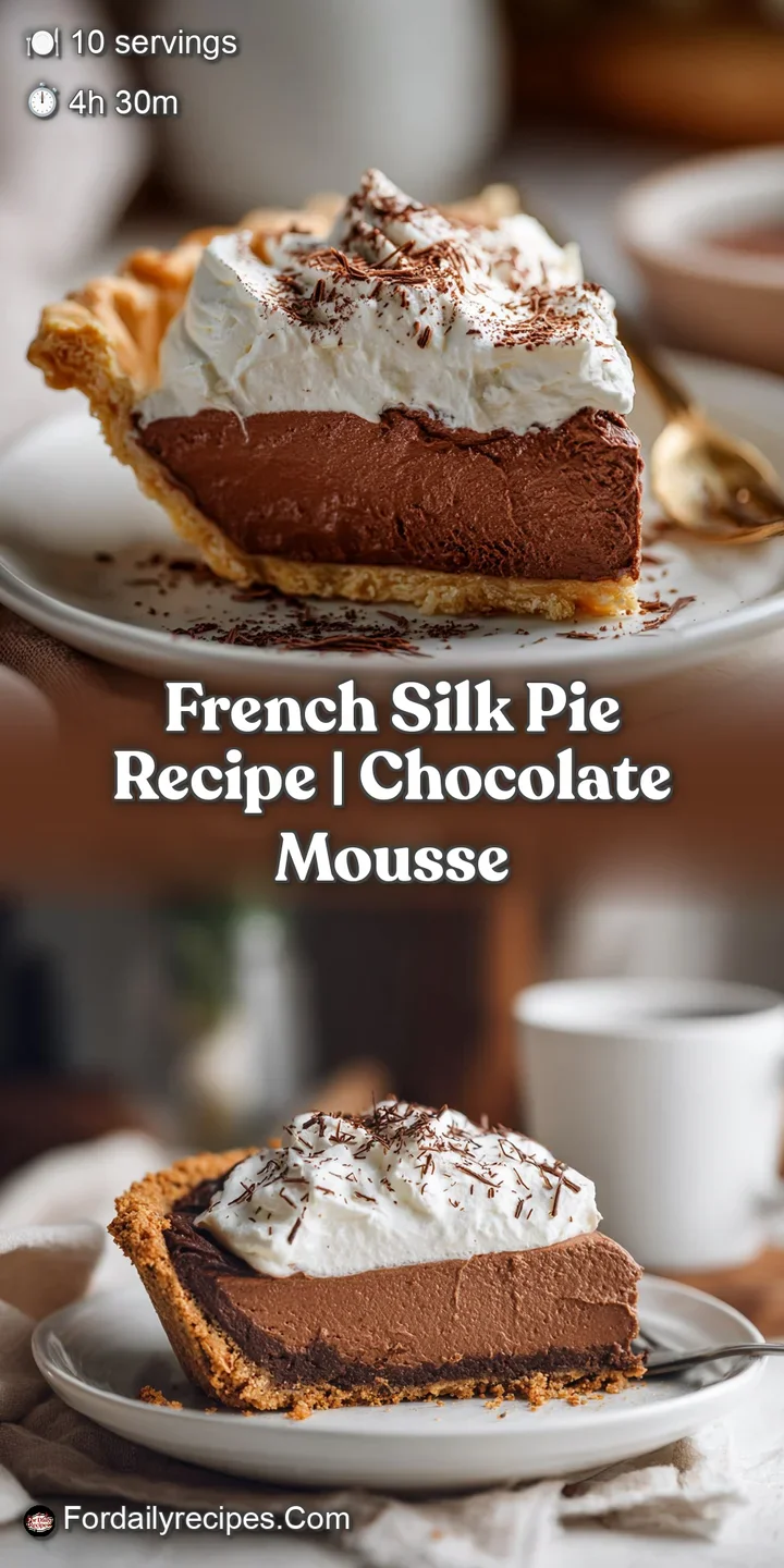 Close-up of a decadent French Silk Pie showcasing the creamy chocolate filling and airy whipped cream, tempting and delici...