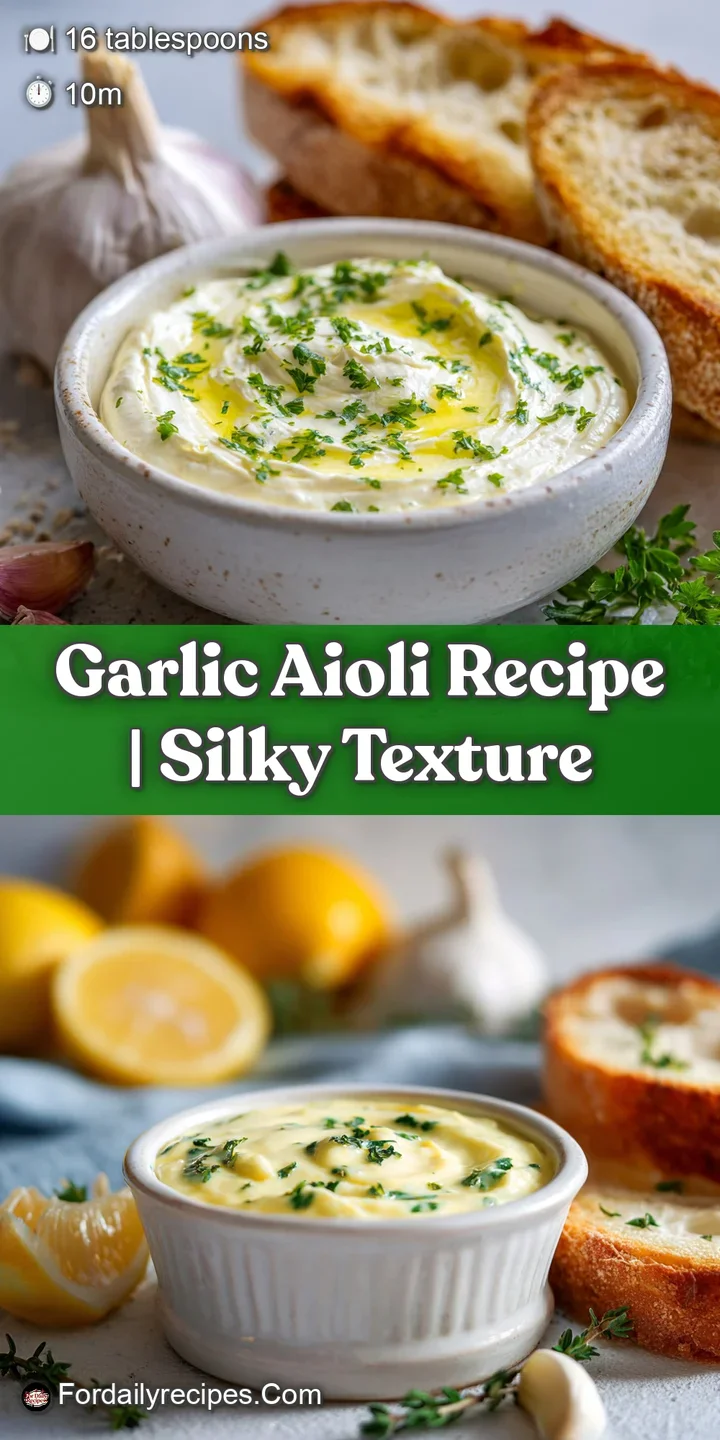 Close-up of luscious, light yellow aioli, its surface glistening with emulsified oil. Chopped garlic and herbs visible thr...